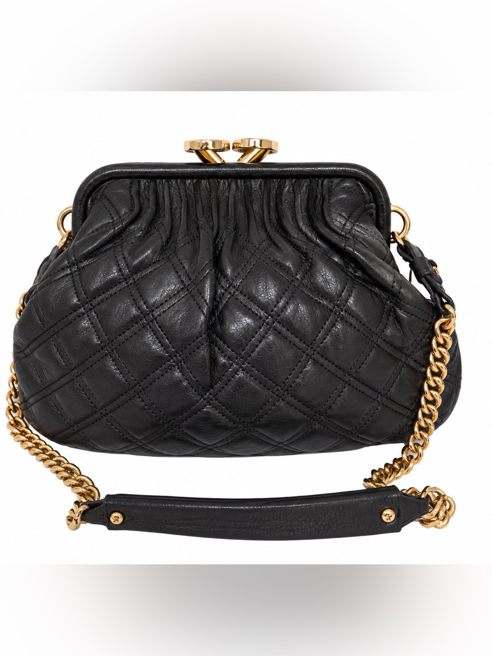 Marc Jacobs Black Quilted Leather Frame Shoulder Crossbody Bag Gold Chain